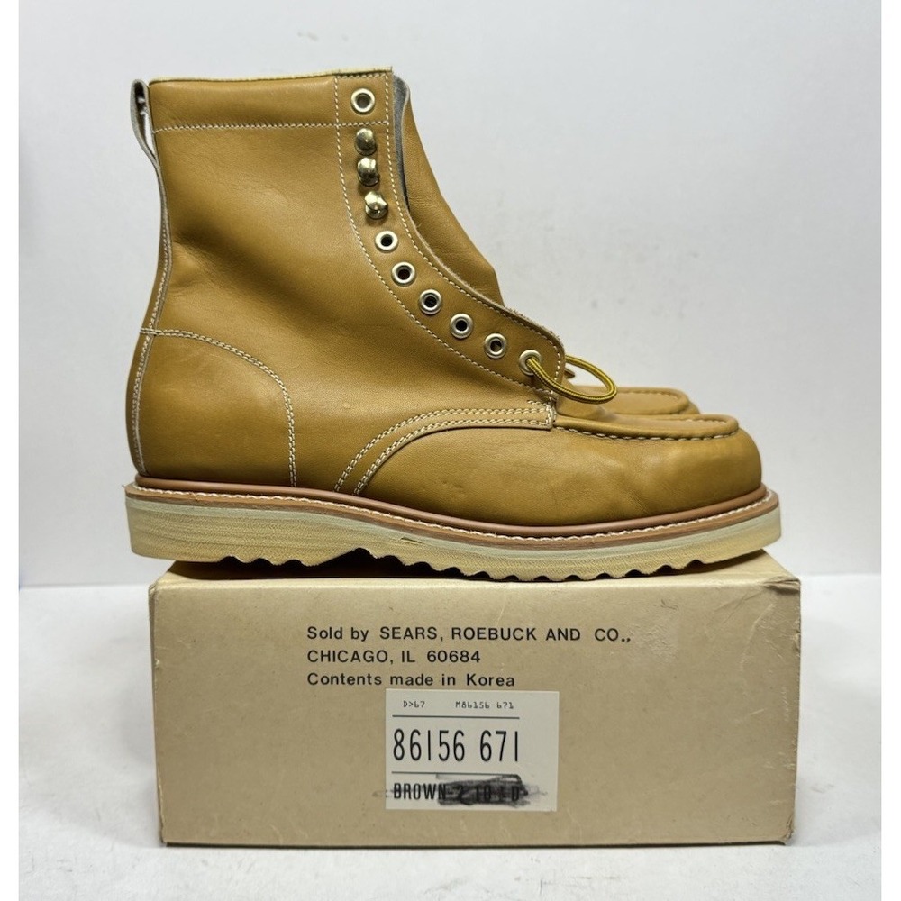 Vintage Sears‎ Roebuck Moc Toe Work Boots Brown Leather Wedge 86259 Mens 10.5 EE